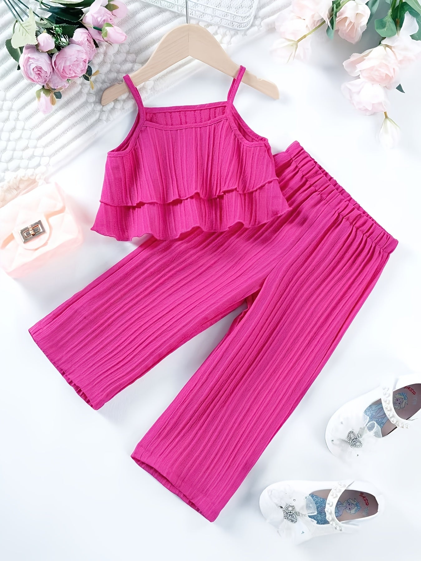 Little Girl's Summer Plain Vest 2pcs Set with Straight Trousers, Fashionable and Elegant Children's Clothing., Perfect for Outdoor