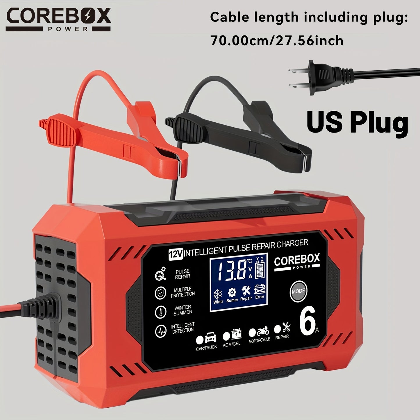COREBOX 12V 6A Smart Battery Charger And Maintainer with LCD Display | US Plug, 110-130V Power Supply, Suitable for Cars, Trucks, Motorcycles, Lawn Mowers, Marine Lead Acid Batteries, Trickle Charging And Desulfation, Battery Not Included