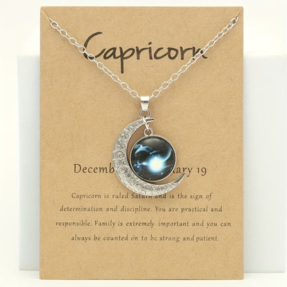 1pc Retro Glow-In-The-Dark Zodiac Moon Pendant Necklace - Vintage Style, Zinc Alloy with Accents, Adjustable Chain for Women - Ideal for Daily Wear & Gifting, Zodiac Jewelry, Gift Jewelry, Vintage Jewelry, Durable Jewelry