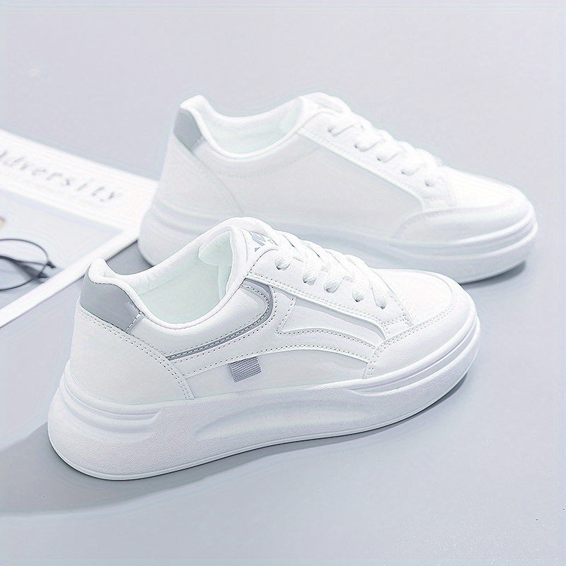 Women'S Platform Skate Shoes, Versatile Height Increasing Lace Up Low Top Shoes, Outdoor Walking White Shoes Plus Size