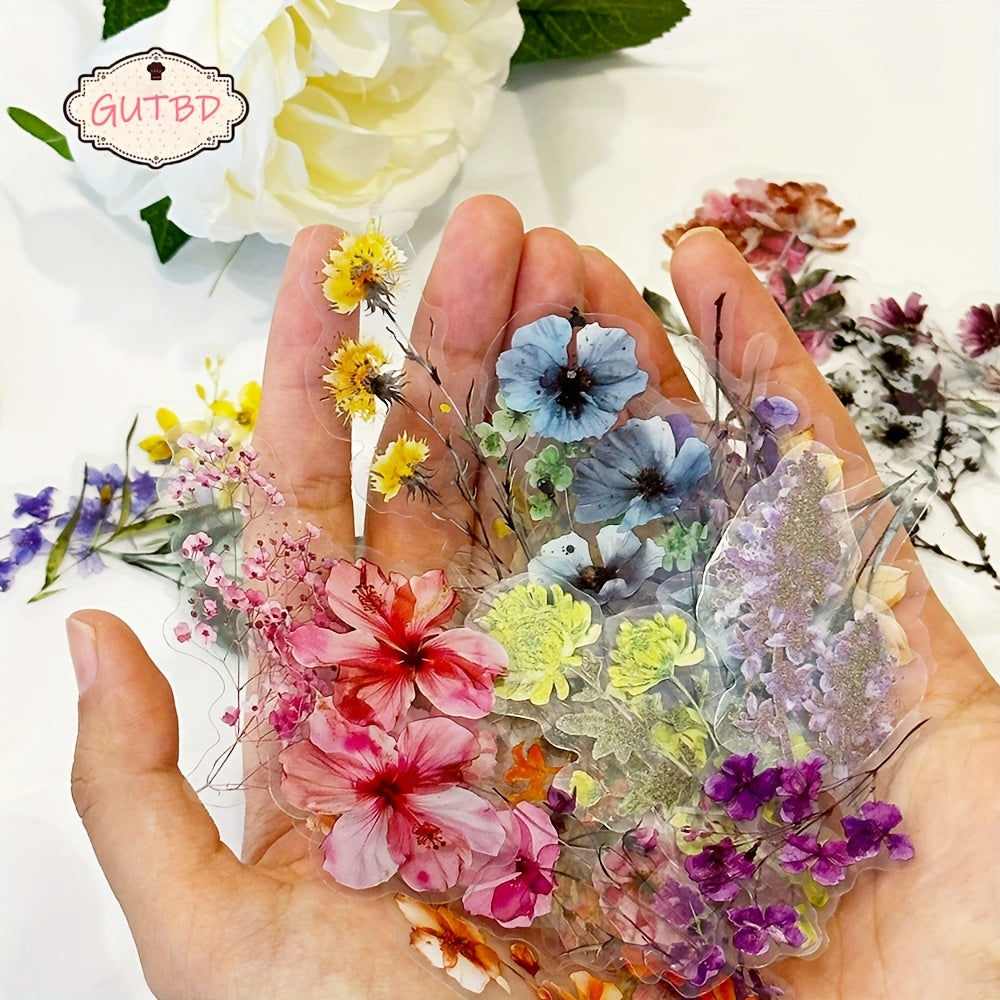 50pcs GUTBD Transparent Flower Stickers Set, PET Cartoon Floral Decals for Journals, Laptops & Luggage, Self-Adhesive & Reusable, Glass Surface Friendly, Matte Finish - Creative Decoration Kit