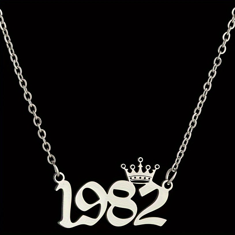1 Elegant and Stylish Stainless Steel Polished Year Number Necklace, Unique Date Birthday Crown Pendant Necklace Gift for 1980-2024, Versatile Casual Attire Collarbone Chain Holiday Present
