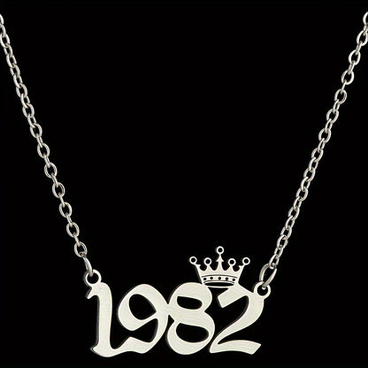1 Elegant and Stylish Stainless Steel Polished Year Number Necklace, Unique Date Birthday Crown Pendant Necklace Gift for 1980-2024, Versatile Casual Attire Collarbone Chain Holiday Present