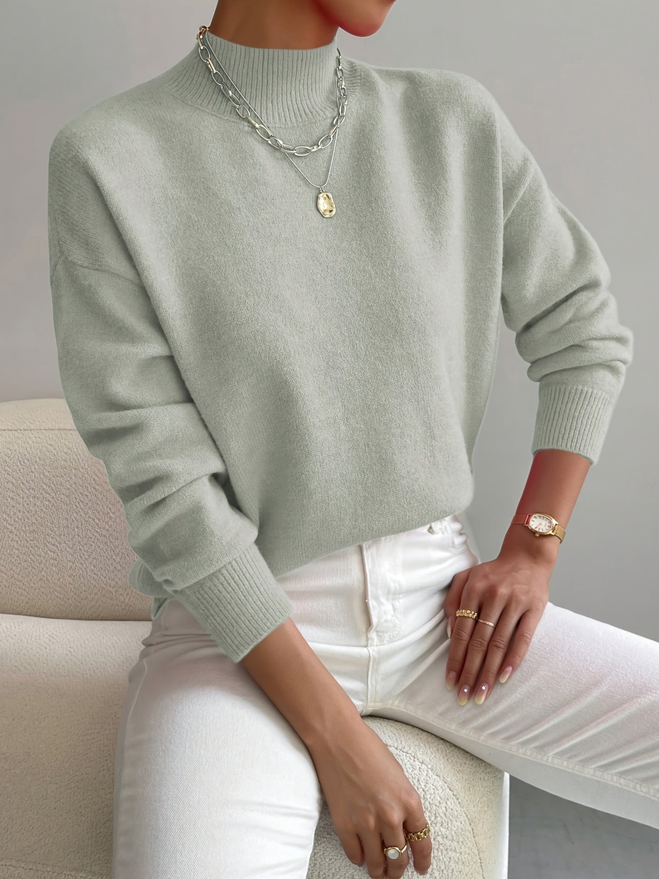 [Solid Color Pullover Sweater] Elegant Mock Neck Long Sleeve Drop Shoulder Women's Solid Color Pullover Sweater