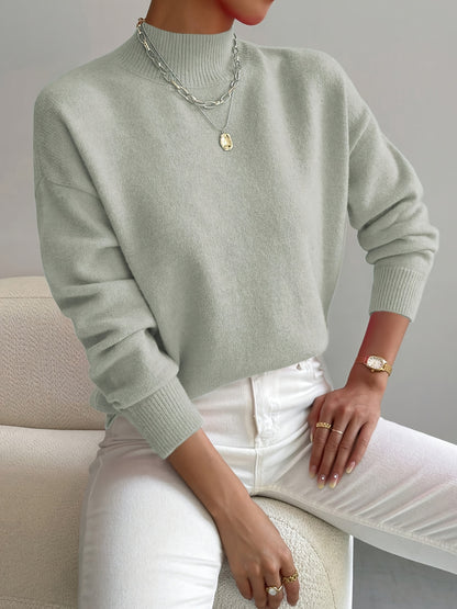 [Solid Color Pullover Sweater] Elegant Mock Neck Long Sleeve Drop Shoulder Women's Solid Color Pullover Sweater