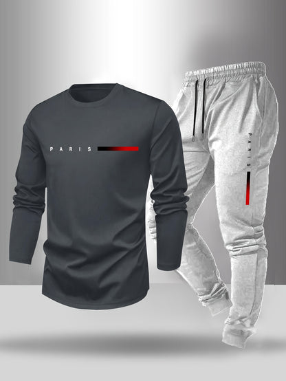 Men's Long Sleeve T-Shirt and Pants Set, Spring/Autumn 2-Piece Set with Paris Letter Print Crew Neck Long Sleeve T-Shirt + Drawstring Outdoor Casual Sports Pants Set 2-Piece