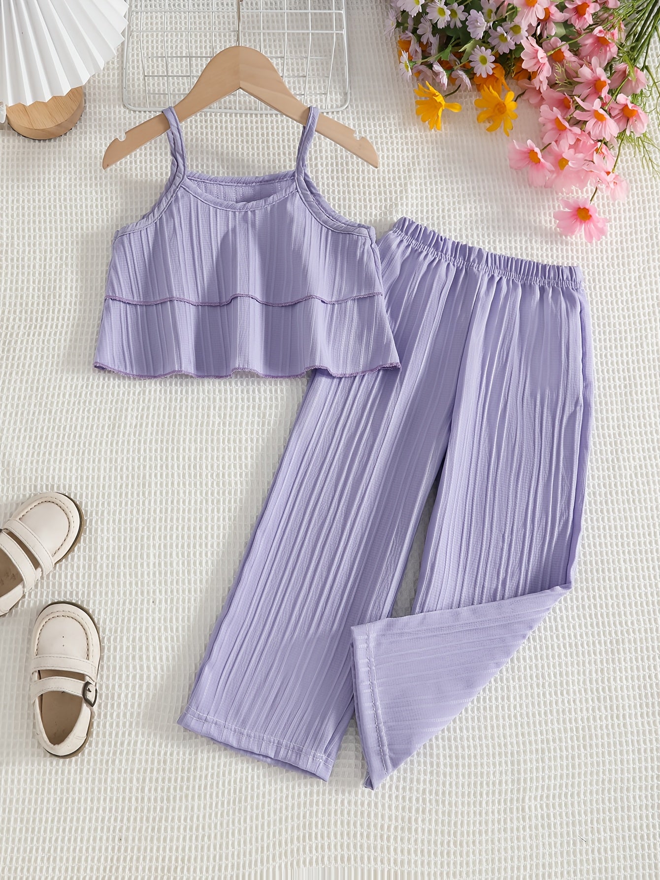Little Girl's Summer Plain Vest 2pcs Set with Straight Trousers, Fashionable and Elegant Children's Clothing., Perfect for Outdoor