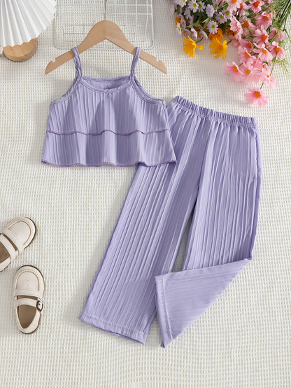 Little Girl's Summer Plain Vest 2pcs Set with Straight Trousers, Fashionable and Elegant Children's Clothing., Perfect for Outdoor