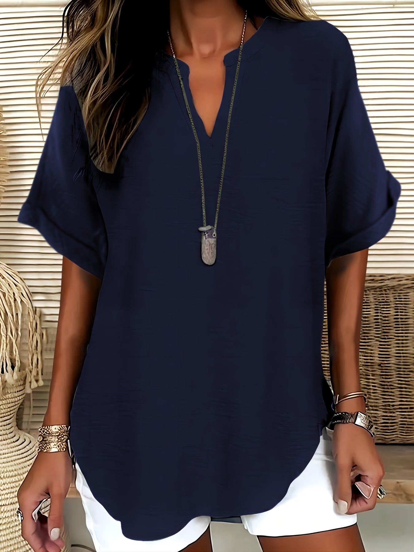 Women's V-Neck Drop Shoulder Sleeveless Solid Color Loose Short Sleeve Shirt Top