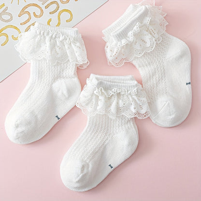 3pairs Baby Girls Lace Trim Socks, Breathable Comfortable Princess Socks for Infant Newborn Toddlers