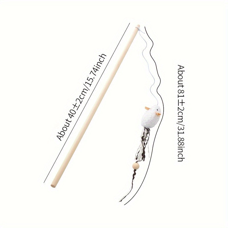 Interactive Plush Mouse Cat Teaser Stick with Wooden Rod - Fun and Engaging Toy for Cats