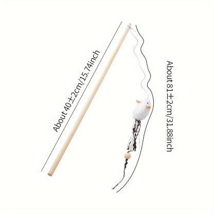 Interactive Plush Mouse Cat Teaser Stick with Wooden Rod - Fun and Engaging Toy for Cats