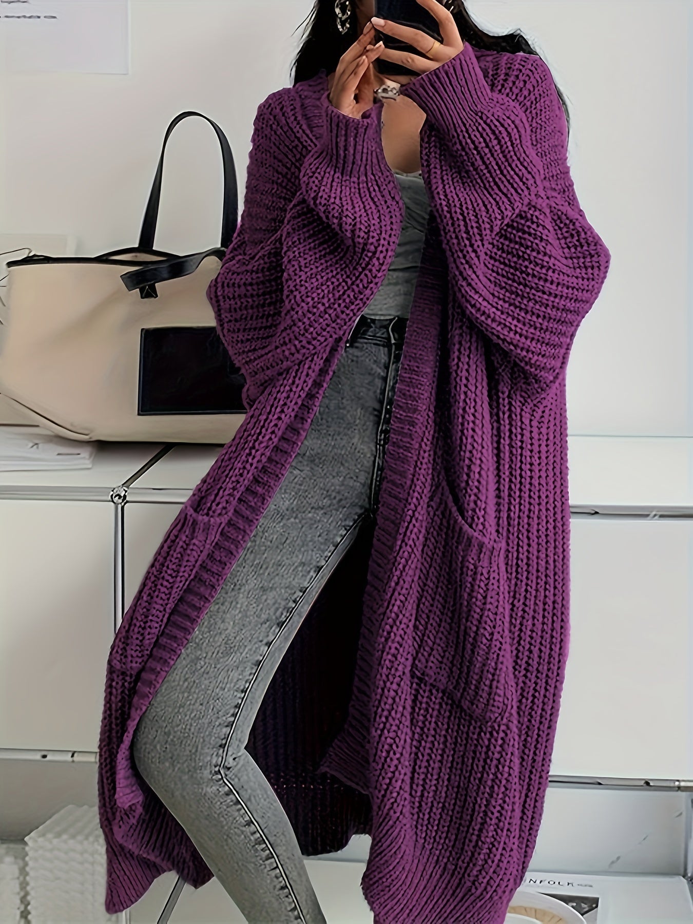[Soft, Y2K Cardigan] Soft, Durable Knitwear - Women's Y2K Cardigan | Long Flowy Open Front Sweater with Pockets, All-Season Layering Piece for Casual & Formal Outfits, Solid Color No-Belt Design, Versatile Outfit Addition