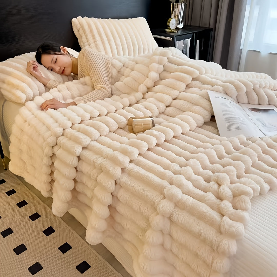 Gdan Rhinoceros Luxurious Faux Rabbit Fur Throw Blanket Suitable for Couch, Bed, Office & Travel - Soft Warm Cozy Striped Blanket, Contemporary Bedspread, Hand Washable, Ideal Christmas Gift & All-Season Use (Multicolor)