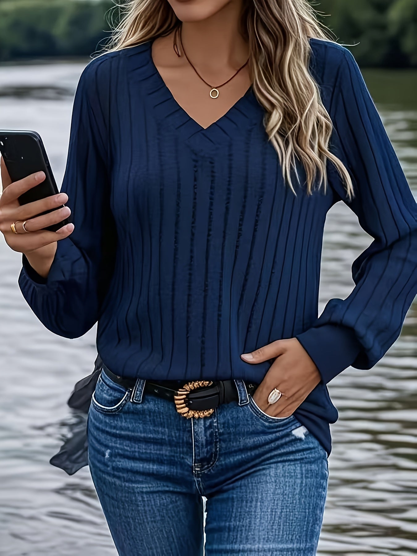 Autumn And Winter Solid Color Loose Women'S V-Neck Long Sleeve Ribbed Brushed T-Shirt Top