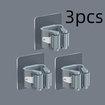 1/2/3-Pack Heavy-Duty No-Drill Adhesive Wall-Mounted Mop & Broom Holder - Space-Saving Bathroom Organizer with Strong Adhesive Clips, Durable Plastic Storage Rack for Toilet Brush, Mop, Broom - Modern Minimalist Design for Small Spaces, Bathroom Storage,