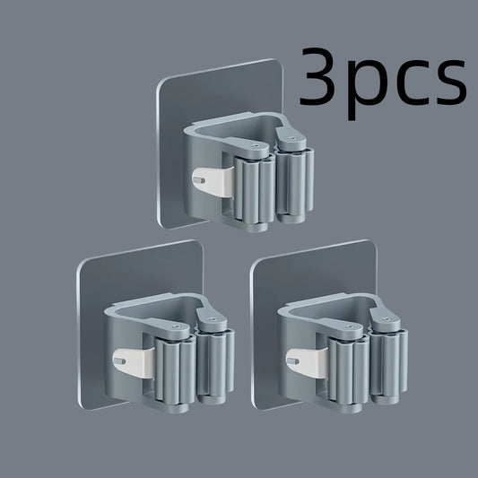 1/2/3-Pack Heavy-Duty No-Drill Adhesive Wall-Mounted Mop & Broom Holder - Space-Saving Bathroom Organizer with Strong Adhesive Clips, Durable Plastic Storage Rack for Toilet Brush, Mop, Broom - Modern Minimalist Design for Small Spaces, Bathroom Storage,