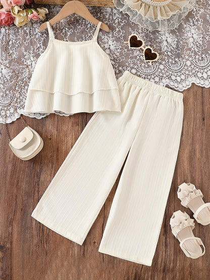 Two-Piece Outfit Featuring a Stylish Camisole and Pants, Perfect for Young Girls, Ideal for Summer Vacation Wear, for Outdoor