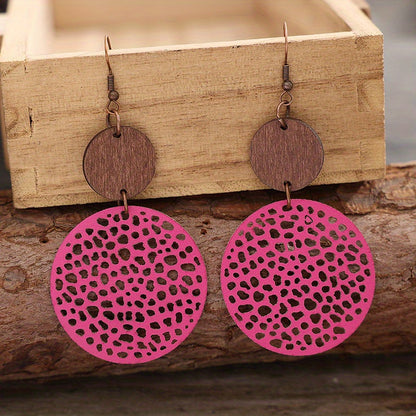 Bohemian Retro Wood Chip Round Hollow Faux Leather Earrings