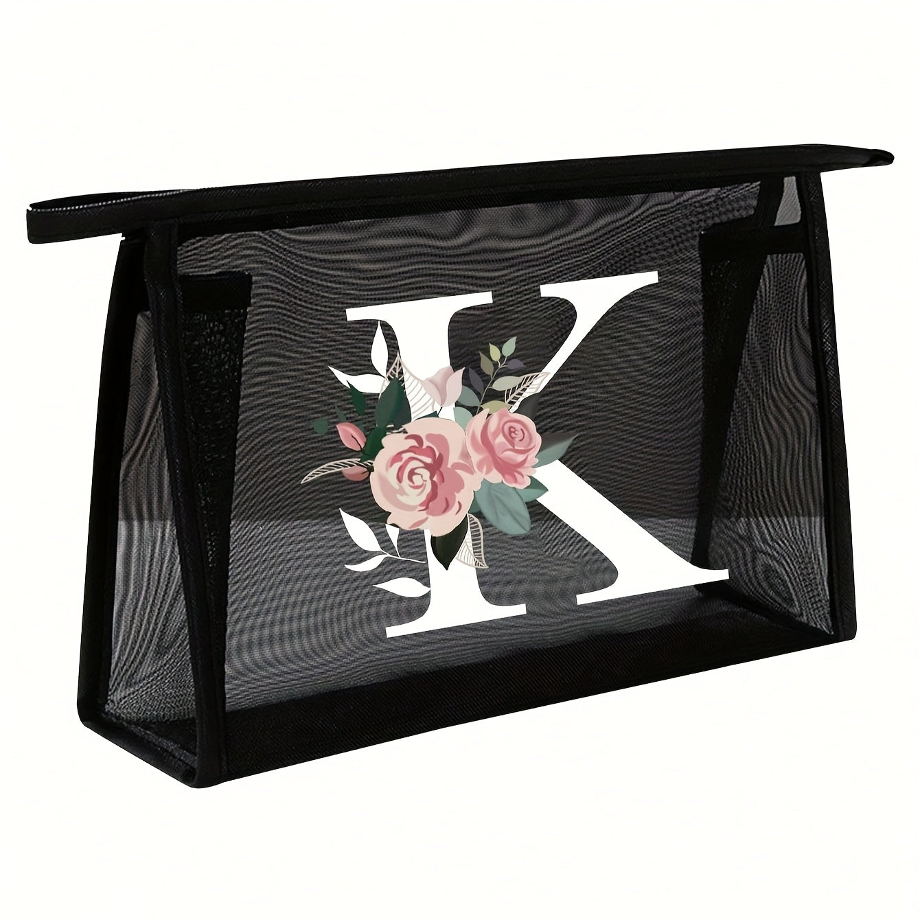 1pc Black Mesh Toiletries Storage Bag | Large Capacity Pink Flowers With White Letters A-Z, Transparent Mesh, Multi-Functional Travel Portable Bag, Lipstick Skin Care Storage, Easy And High-End, Jewelry Storage, Foldable And Lightweight