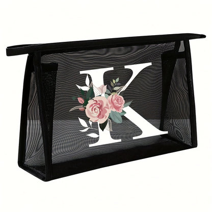 1pc Black Mesh Toiletries Storage Bag | Large Capacity Pink Flowers With White Letters A-Z, Transparent Mesh, Multi-Functional Travel Portable Bag, Lipstick Skin Care Storage, Easy And High-End, Jewelry Storage, Foldable And Lightweight