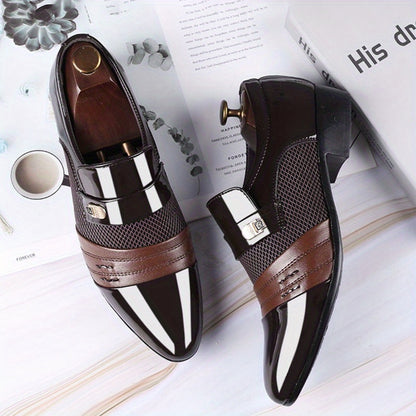 Men'S Plus Size Luxury Faux Dress Shoes - Black & White Contrast Design, Ankle Boots with Golden-Tone Buckle, Round Toe, Lace-Up Closure for Weddings, Parties, and Office Wear, Wedding Shoes, Party Footwear, Sophisticated Style, Durable Rubber Sole