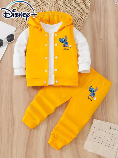 Disney 3pcs Set for Kids: Girls and Boys Casual Cool Streetwear Cute Cartoon Anime Print Round Neck Long Sleeve Sweatshirt, Sleeveless Hooded Vest Cardigan Jacket, and Elastic Waist Pants. Suitable for Spring and Autumn Fashion Casual Daily Commute