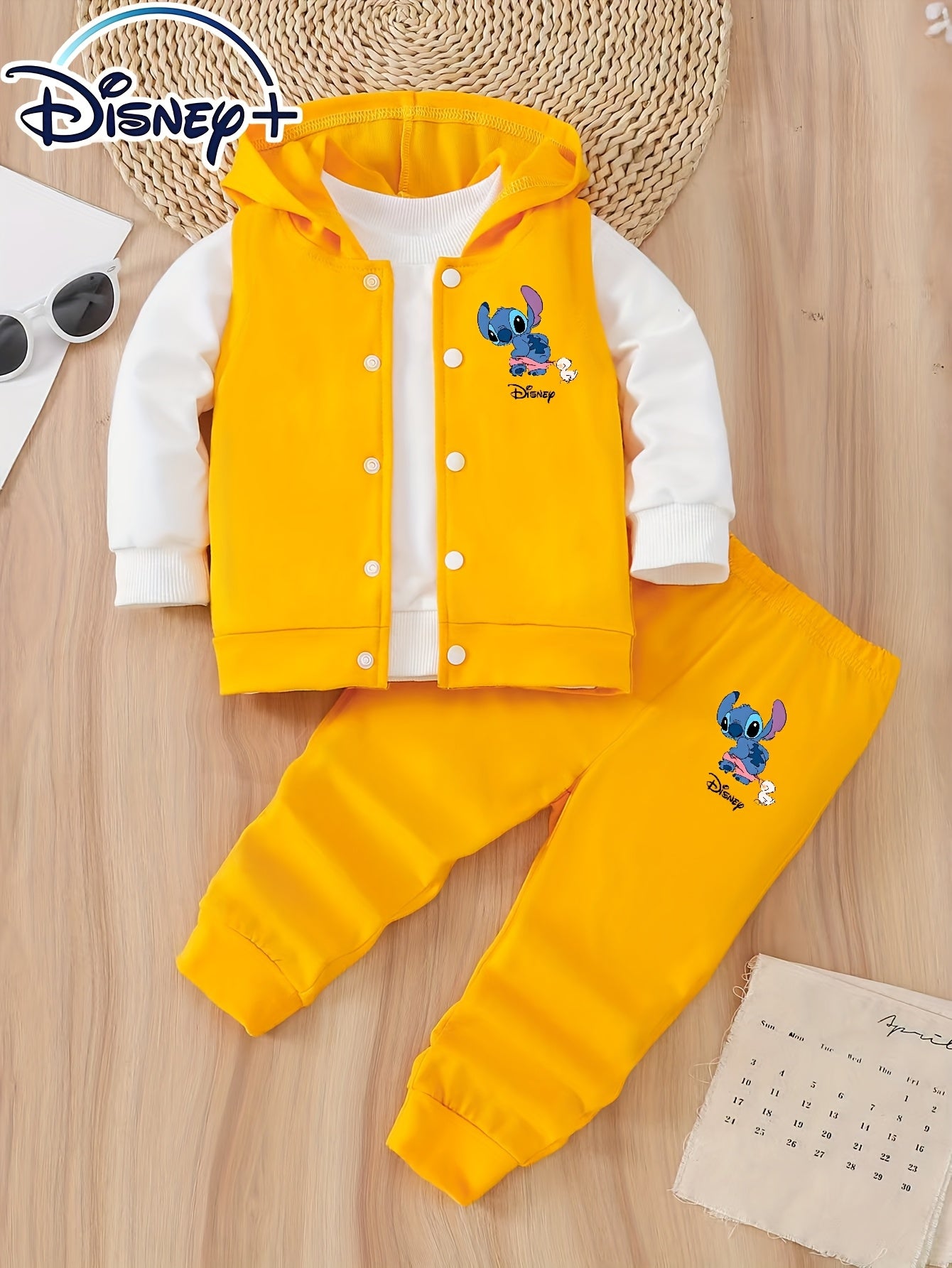 Disney 3pcs Set for Kids: Girls and Boys Casual Cool Streetwear Cute Cartoon Anime Print Round Neck Long Sleeve Sweatshirt, Sleeveless Hooded Vest Cardigan Jacket, and Elastic Waist Pants. Suitable for Spring and Autumn Fashion Casual Daily Commute