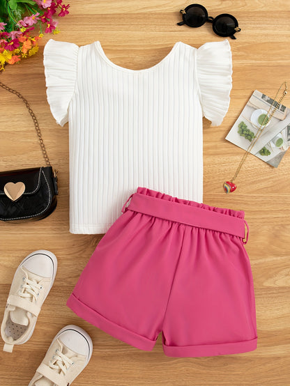 A Summer Casual Outfit for Girls Featuring a Sleeveless Round-Neck Top And Shorts Set, Complete with a Belt, for Outdoor