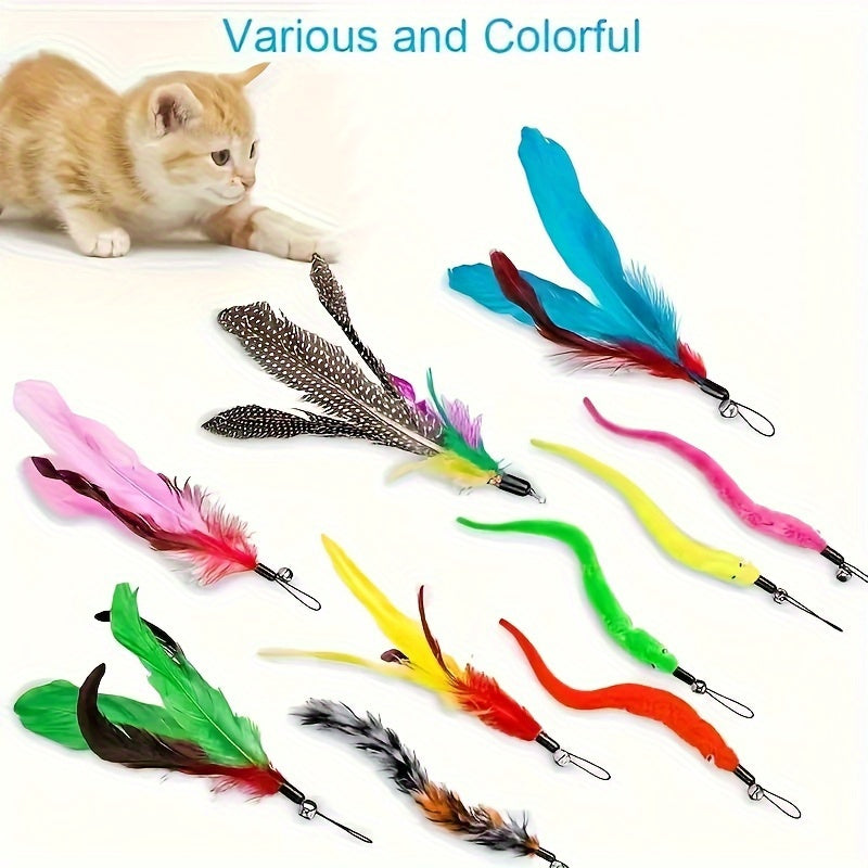 A Set of 12 Colorful Feather Cat Toys Including Fishing Rods, Fuzzy Caterpillars, Bells, And Interchangeable Heads for Teasing Cats, Without Battery