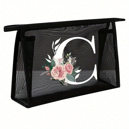 1pc Black Mesh Toiletries Storage Bag | Large Capacity Pink Flowers With White Letters A-Z, Transparent Mesh, Multi-Functional Travel Portable Bag, Lipstick Skin Care Storage, Easy And High-End, Jewelry Storage, Foldable And Lightweight
