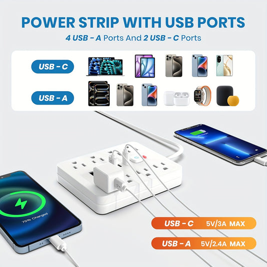 [8 Outlets, 4 USB, 2 USB C] 14 in 1 Power Strip Surge Protector With 8 Outlets, 4 USB and 2 USB C Ports, Flat Plug, Wall Mount, Overload Protection Desk USB Charging Station for Home, Office