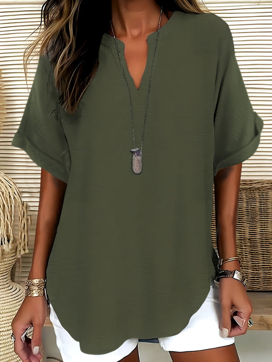 Women's V-Neck Drop Shoulder Sleeveless Solid Color Loose Short Sleeve Shirt Top