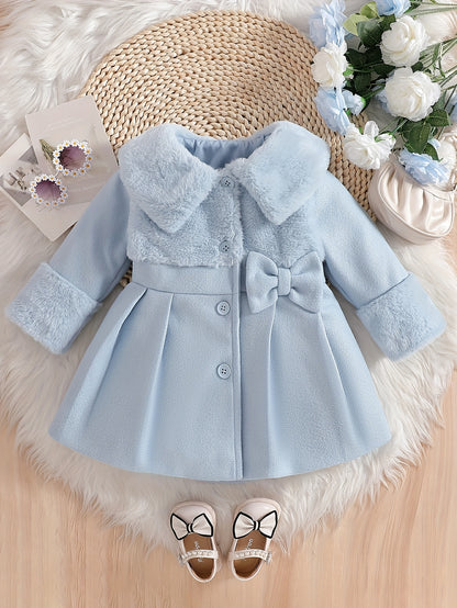 Girls' Valentine's Day Outfit, Girls' Autumn/Winter Irregular Plush Lapel Blend Bow Button Cardigan Coat, Suitable for Outings, Gifting, Back-to-School Season Apparel, Back-to-School Outfits, Back-to-School Small Gifts, Girls' Birthday Gift