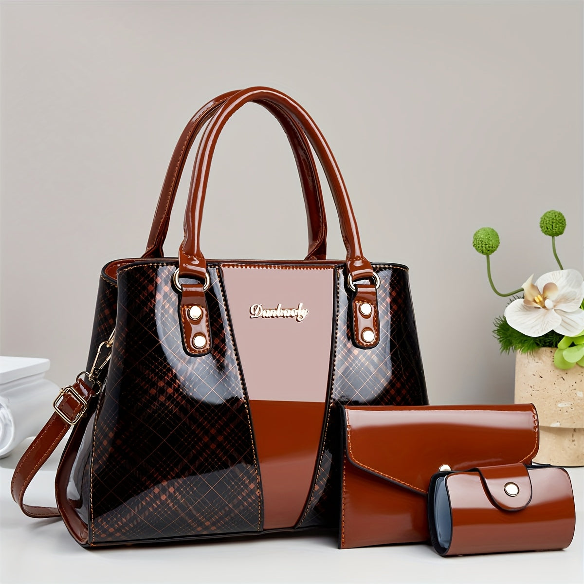 [Elegant PU Handbag] 3pcs Elegant PU Handbag Set - Large Capacity Crossbody Bag with Crocodile Pattern, Coin Purse and Card Holder - Lightweight Shoulder Bag with Sequins and Zipper Closure