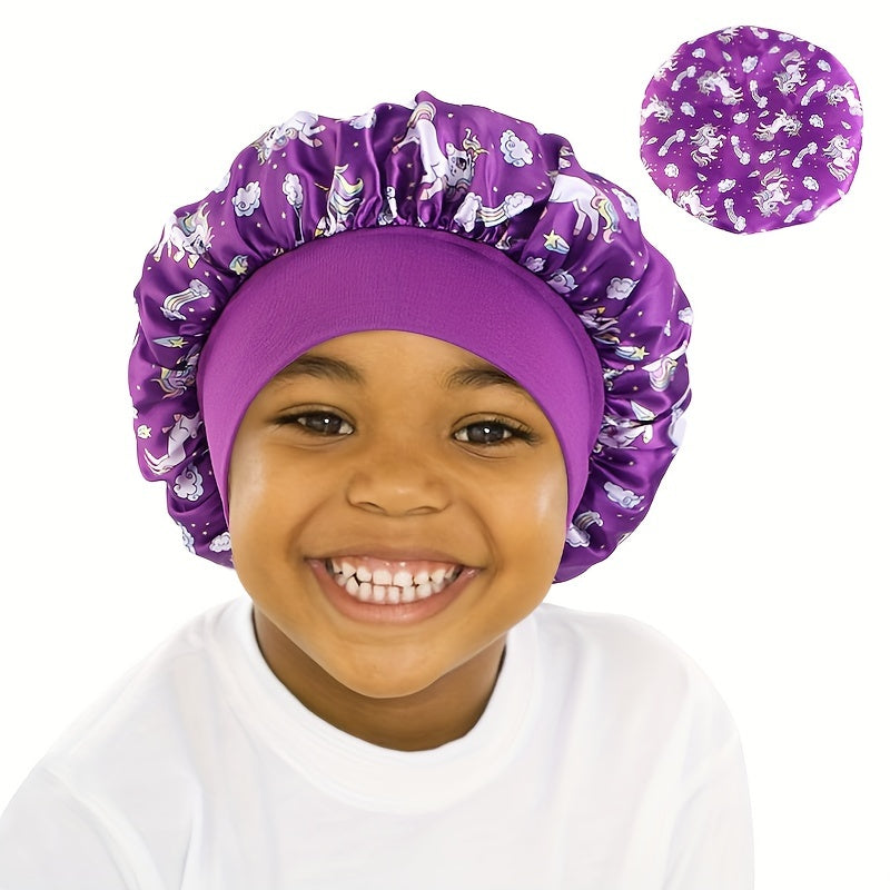 Unicorn Cartoon Printed Youngsters's Satin Cap, Hair Care Cap