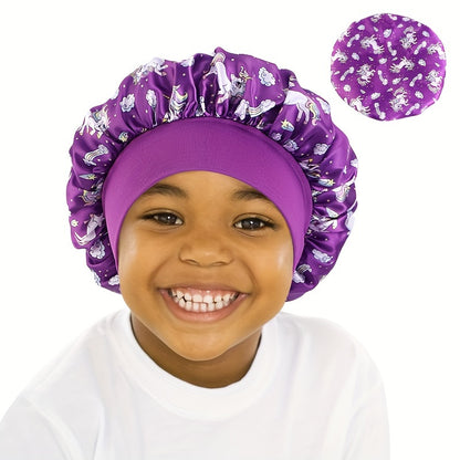 Unicorn Cartoon Printed Youngsters's Satin Cap, Hair Care Cap