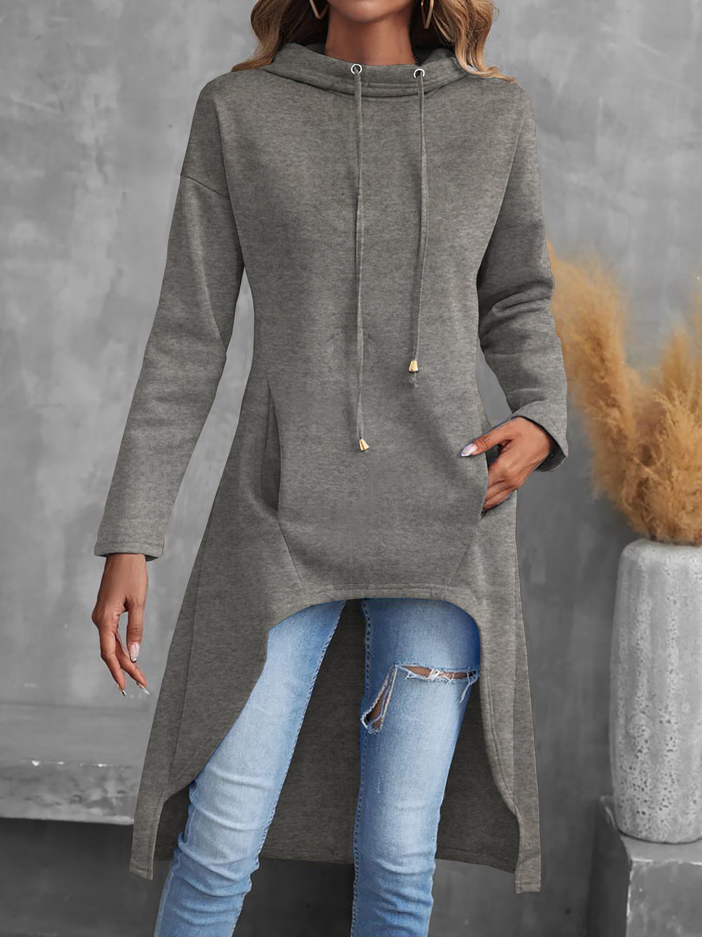 Long Sleeve Solid Color Drawstring Hoodie, Casual Hig-low Hoodie Sweatshirt for Women
