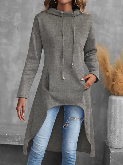 Long Sleeve Solid Color Drawstring Hoodie, Casual Hig-low Hoodie Sweatshirt for Women