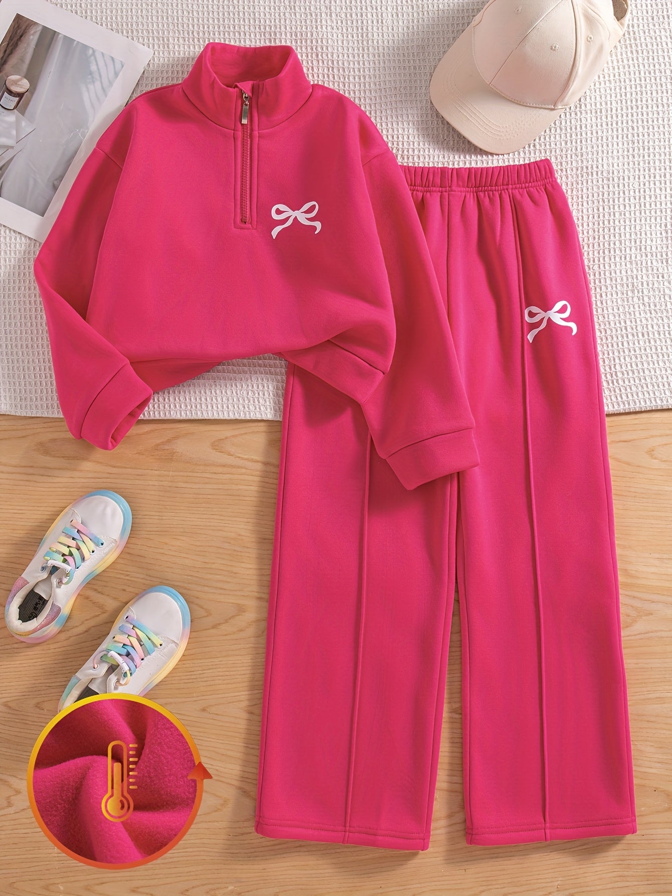 Girls' Daily Casual Outing Fashion Printed Bow Pattern Drop Shoulder Stand Collar Long Sleeve Sweatshirt and Long Pants 2pcs Set, Large Sweatshirt and Long Pants Set for Girls, Autumn/Winter, Perfect for Outdoor