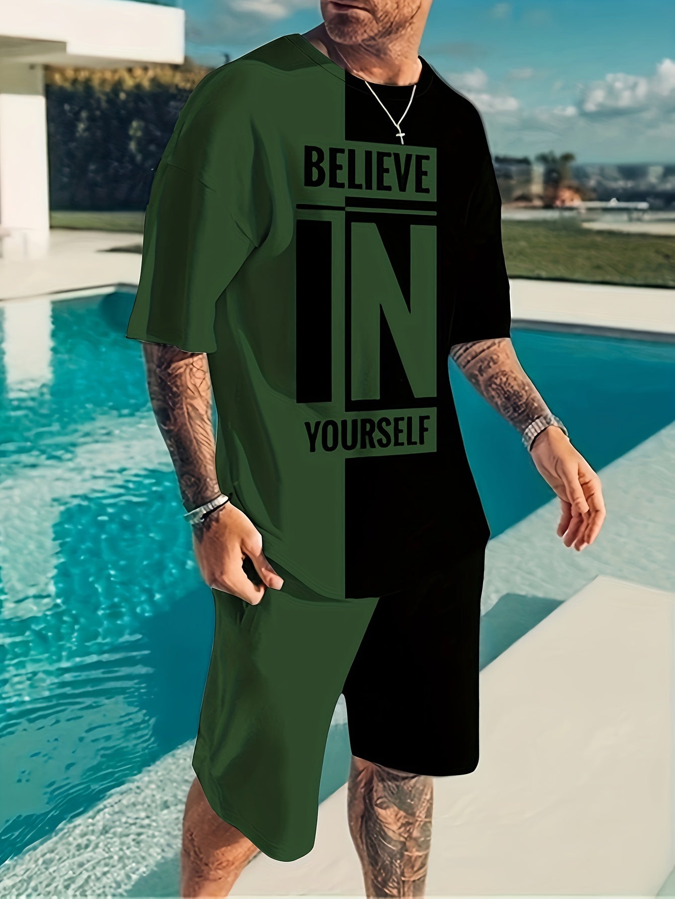 Believe In Yourself Print, Men's 2Pcs Outfits, Casual Crew Neck Short Sleeve T-shirt And Drawstring Shorts Set For Summer, Men's Clothing