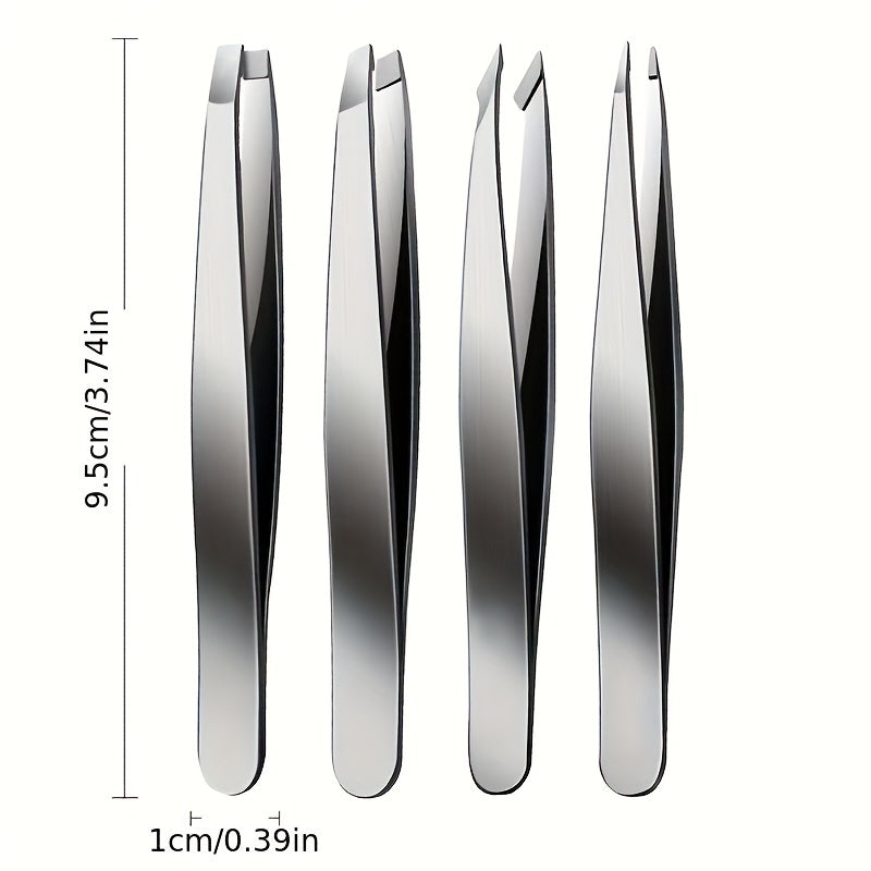 4pcs Stainless Steel Tweezers Set Eyebrow Splinter & Ingrown Hair Removal Tools with Storage Bag for Men & Women Eyebrow Grooming Tools