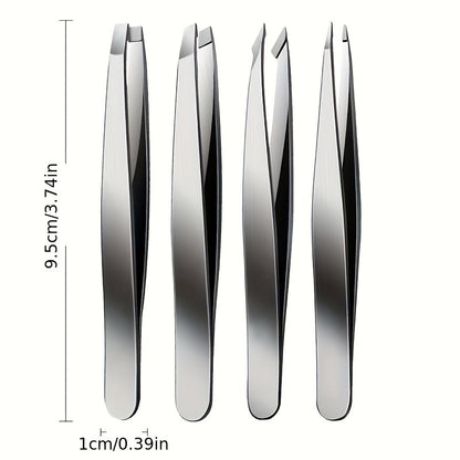 4pcs Stainless Steel Tweezers Set Eyebrow Splinter & Ingrown Hair Removal Tools with Storage Bag for Men & Women Eyebrow Grooming Tools