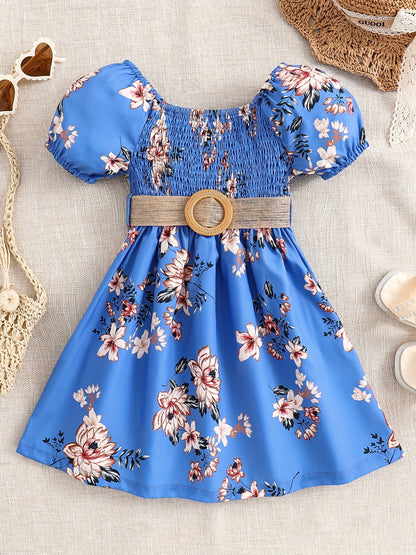 Summer Casual Dress for Girls Featuring a Stylish Floral Print, Knee-Length, with a Loose Fit And Gathered Design