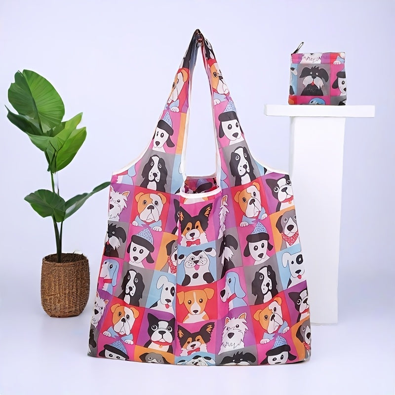 1pc Vibrant Dog Print Tote Bag - Reusable, Foldable, Durable Polyester Shoulder Bag with Buckle Closure, Ideal for Shopping, Travel, and Kitchen Storage, Travel Accessory|Playful Accessory|Durable Handle Bag