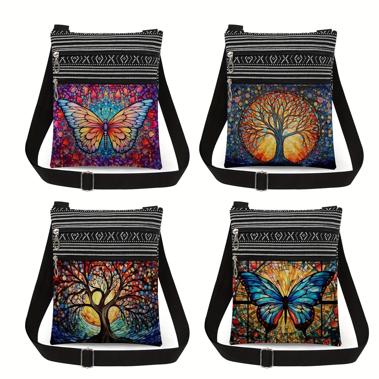 Adjustable Crossbody Bag with Polyester Material, Dual Zipper, Foldable Design, Unlined - Fashion Cartoon-Themed Animal Print with Artistic Glass Butterfly & Tree of Life Patterns for Women