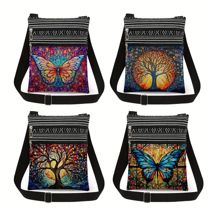 Adjustable Crossbody Bag with Polyester Material, Dual Zipper, Foldable Design, Unlined - Fashion Cartoon-Themed Animal Print with Artistic Glass Butterfly & Tree of Life Patterns for Women