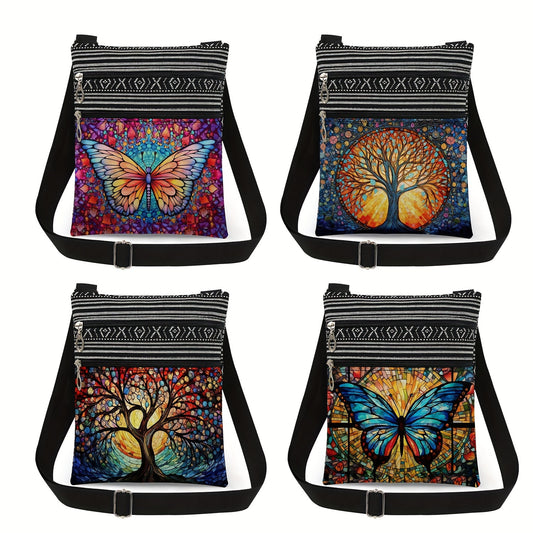 Adjustable Crossbody Bag with Polyester Material, Dual Zipper, Foldable Design, Unlined - Fashion Cartoon-Themed Animal Print with Artistic Glass Butterfly & Tree of Life Patterns for Women