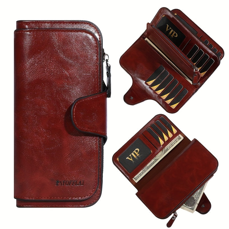 Luxury Faux Leather Clutch Wallet with Zipper, Large Capacity, Multi-Card Organizer, Credit Card Holder with ID Window, Buckle Closure, Elegant Design for Everyday Use, Secure Travel Wallet | Sophisticated Design | Wax Finish Wallet, Purse Suitable for Me