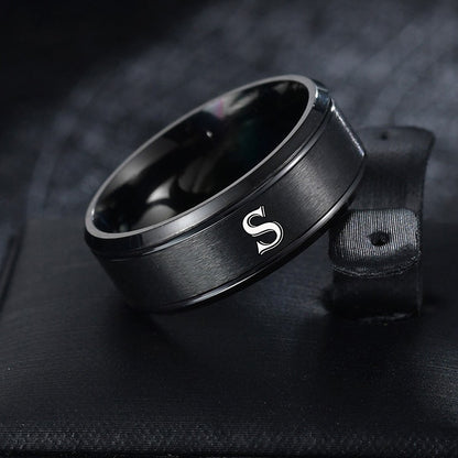 1pc European and American Fashion Versatile 26 English Letters Double Beveled Frosted Two-Line Men's Stainless Steel Ring (B81)